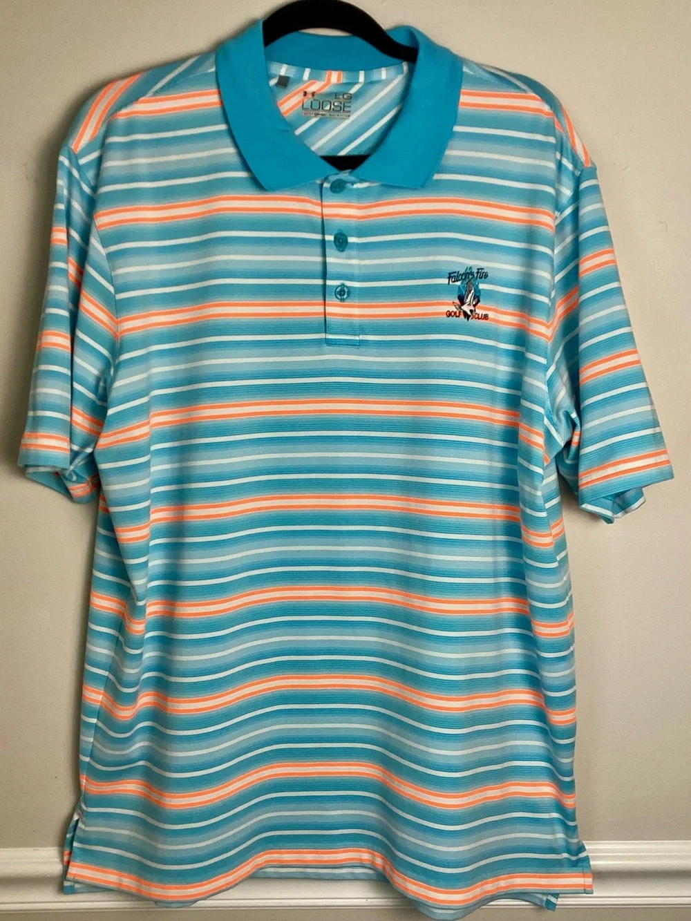 Falcon’s Fire Golf Club L Under Armour Heat Gear Blue Orange Stripe Polo Shirt